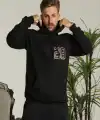 Erkek 3 İplik Pamuklu Kapüşonlu Baskılı Cepli Oversize Sweatshirt Hoodie - Siyah
