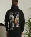 Erkek 3 İplik Pamuklu Kapüşonlu Baskılı Cepli Oversize Sweatshirt Hoodie - Siyah