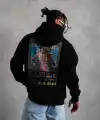 Erkek 3 İplik Pamuklu Kapüşonlu Baskılı Cepli Oversize Sweatshirt Hoodie - Siyah