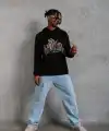Erkek 3 İplik Pamuklu Kapüşonlu Baskılı Cepli Oversize Sweatshirt Hoodie - Siyah