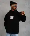 Erkek 3 İplik Pamuklu Kapüşonlu Baskılı Cepli Oversize Sweatshirt Hoodie - Siyah