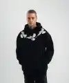 Erkek 3 İplik Pamuklu Kapüşonlu Baskılı Cepli Oversize Sweatshirt Hoodie - Siyah