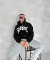 Erkek 3 İplik Pamuklu Kapüşonlu Baskılı Cepli Oversize Sweatshirt Hoodie - Siyah
