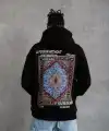 Erkek 3 İplik Pamuklu Kapüşonlu Baskılı Cepli Oversize Sweatshirt Hoodie - Siyah