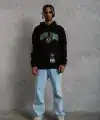 Erkek 3 İplik Pamuklu Kapüşonlu Baskılı Cepli Oversize Sweatshirt Hoodie - Siyah