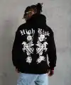 Erkek 3 İplik Pamuklu Kapüşonlu Baskılı Cepli Oversize Sweatshirt Hoodie - Siyah