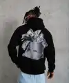 Erkek 3 İplik Pamuklu Kapüşonlu Baskılı Cepli Oversize Sweatshirt Hoodie - Siyah