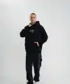 Erkek 3 İplik Pamuklu Kapüşonlu Baskılı Cepli Oversize Sweatshirt Hoodie - Siyah
