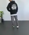 Erkek 3 İplik Pamuklu Kapüşonlu Baskılı Cepli Oversize Sweatshirt Hoodie - Siyah