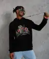Erkek 3 İplik Pamuklu Kapüşonlu Baskılı Cepli Oversize Sweatshirt Hoodie - Siyah