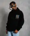 Erkek 3 İplik Pamuklu Kapüşonlu Baskılı Cepli Oversize Sweatshirt Hoodie - Siyah