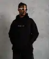 Erkek 3 İplik Pamuklu Kapüşonlu Baskılı Cepli Oversize Sweatshirt Hoodie - Siyah