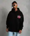 Erkek 3 İplik Pamuklu Kapüşonlu Baskılı Cepli Oversize Sweatshirt Hoodie - Siyah