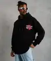 Erkek 3 İplik Pamuklu Kapüşonlu Baskılı Cepli Oversize Sweatshirt Hoodie - Siyah