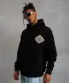 Erkek 3 İplik Pamuklu Kapüşonlu Baskılı Cepli Oversize Sweatshirt Hoodie - Siyah