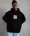 Erkek 3 İplik Pamuklu Kapüşonlu Baskılı Cepli Oversize Sweatshirt Hoodie - Siyah