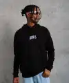 Erkek 3 İplik Pamuklu Kapüşonlu Baskılı Cepli Oversize Sweatshirt Hoodie - Siyah