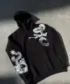Erkek 3 İplik Pamuklu Kapüşonlu Baskılı Cepli Oversize Sweatshirt Hoodie - Siyah