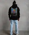 Erkek 3 İplik Pamuklu Kapüşonlu Baskılı Cepli Oversize Sweatshirt Hoodie - Siyah