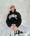 Erkek 3 İplik Pamuklu Kapüşonlu Baskılı Cepli Oversize Sweatshirt Hoodie - Siyah