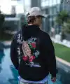 Erkek 3 İplik Pamuklu Kapüşonlu Baskılı Cepli Oversize Sweatshirt Hoodie - Siyah