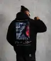 Erkek 3 İplik Pamuklu Kapüşonlu Baskılı Cepli Oversize Sweatshirt Hoodie - Siyah