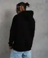 Erkek 3 İplik Pamuklu Kapüşonlu Baskılı Cepli Oversize Sweatshirt Hoodie - Siyah