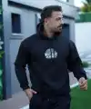 Erkek 3 İplik Pamuklu Kapüşonlu Baskılı Cepli Oversize Sweatshirt Hoodie - Siyah