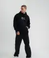 Erkek 3 İplik Pamuklu Kapüşonlu Baskılı Cepli Oversize Sweatshirt Hoodie - Siyah