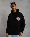 Erkek 3 İplik Pamuklu Kapüşonlu Baskılı Cepli Oversize Sweatshirt Hoodie - Siyah