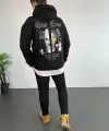 Erkek 3 İplik Pamuklu Kapüşonlu Baskılı Cepli Oversize Sweatshirt Hoodie - Siyah