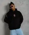 Erkek 3 İplik Pamuklu Kapüşonlu Baskılı Cepli Oversize Sweatshirt Hoodie - Siyah