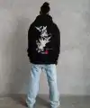 Erkek 3 İplik Pamuklu Kapüşonlu Baskılı Cepli Oversize Sweatshirt Hoodie - Siyah