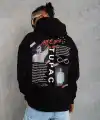 Erkek 3 İplik Pamuklu Kapüşonlu Baskılı Cepli Oversize Sweatshirt Hoodie - Siyah
