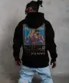 Erkek 3 İplik Pamuklu Kapüşonlu Baskılı Cepli Oversize Sweatshirt Hoodie - Siyah
