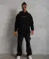 Erkek 3 İplik Pamuklu Kapüşonlu Baskılı Cepli Oversize Sweatshirt Hoodie - Siyah