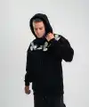 Erkek 3 İplik Pamuklu Kapüşonlu Baskılı Cepli Oversize Sweatshirt Hoodie - Siyah
