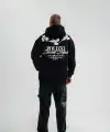 Erkek 3 İplik Pamuklu Kapüşonlu Baskılı Cepli Oversize Sweatshirt Hoodie - Siyah