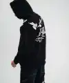 Erkek 3 İplik Pamuklu Kapüşonlu Baskılı Cepli Oversize Sweatshirt Hoodie - Siyah