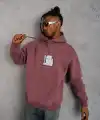 Erkek 3 İplik Pamuklu Kapüşonlu Baskılı Cepli Sweatshirt Hoodie - Gül Kurusu