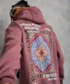 Erkek 3 İplik Pamuklu Kapüşonlu Baskılı Cepli Sweatshirt Hoodie - Gül Kurusu