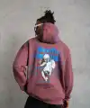 Erkek 3 İplik Pamuklu Kapüşonlu Baskılı Cepli Sweatshirt Hoodie - Gül Kurusu
