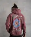Erkek 3 İplik Pamuklu Kapüşonlu Baskılı Cepli Sweatshirt Hoodie - Gül Kurusu