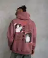 Erkek 3 İplik Pamuklu Kapüşonlu Baskılı Cepli Sweatshirt Hoodie - Gül Kurusu