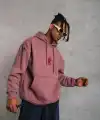 Erkek 3 İplik Pamuklu Kapüşonlu Baskılı Cepli Sweatshirt Hoodie - Gül Kurusu