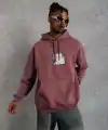 Erkek 3 İplik Pamuklu Kapüşonlu Baskılı Cepli Sweatshirt Hoodie - Gül Kurusu