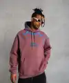Erkek 3 İplik Pamuklu Kapüşonlu Baskılı Cepli Sweatshirt Hoodie - Gül Kurusu
