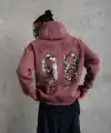 Erkek 3 İplik Pamuklu Kapüşonlu Baskılı Cepli Sweatshirt Hoodie - Gül Kurusu