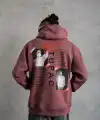 Erkek 3 İplik Pamuklu Kapüşonlu Baskılı Cepli Sweatshirt Hoodie - Gül Kurusu