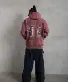 Erkek 3 İplik Pamuklu Kapüşonlu Baskılı Cepli Sweatshirt Hoodie - Gül Kurusu